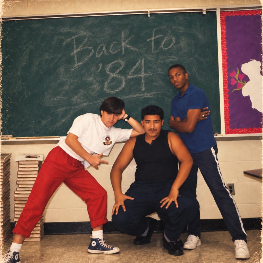 “Back to ’84” cover art: three teens striking b-boy poses in front of a classroom chalkboard reading Back to ’84