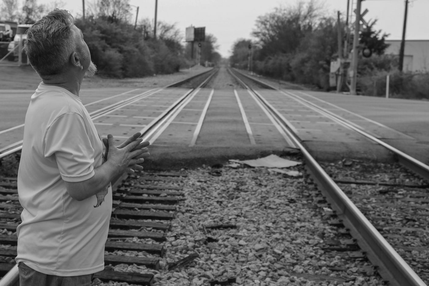 Mighty Rock at a railroad crossing, looking up